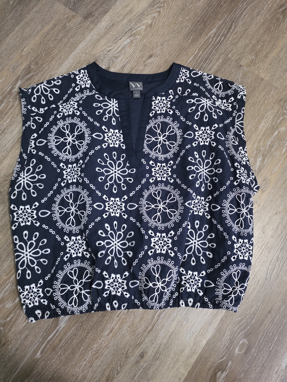 Worthington Navy and White Embroidered Sleeveless Tank